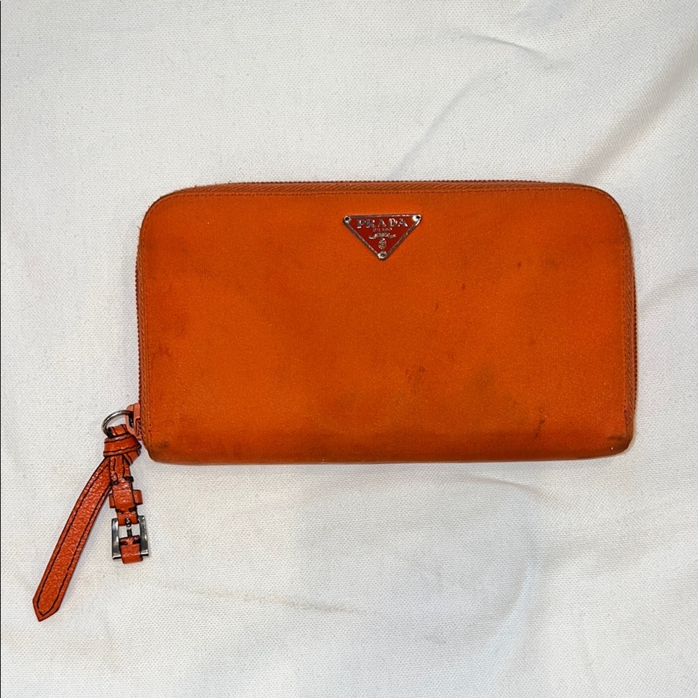 Prada Nylon Orange Zip Around Large Wallet